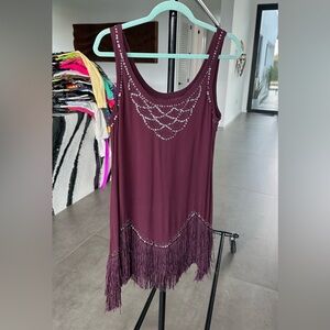 Burgundy Fringe Dress with Silver Accents